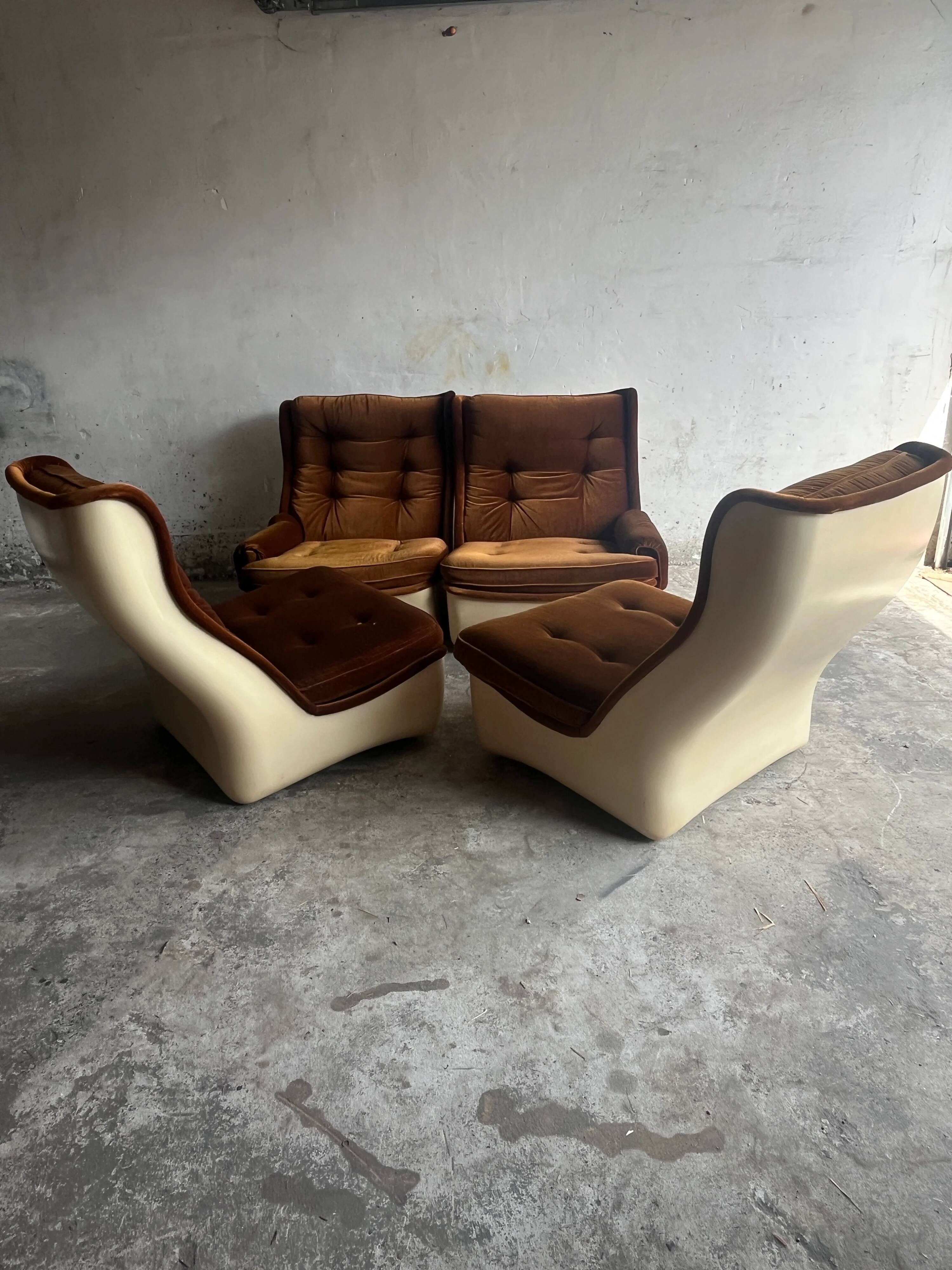 Airborne 1970s Modular 4-Seater Sofa — Brown Velvet Cushions with Cream ABS Shell
