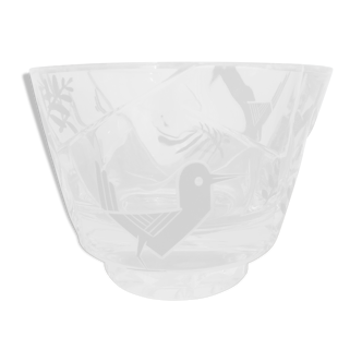 Coupe en verre taillé décor oiseaux