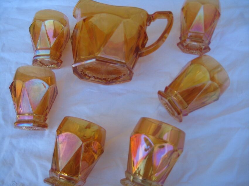 Old orange service pitcher & 6 glasses