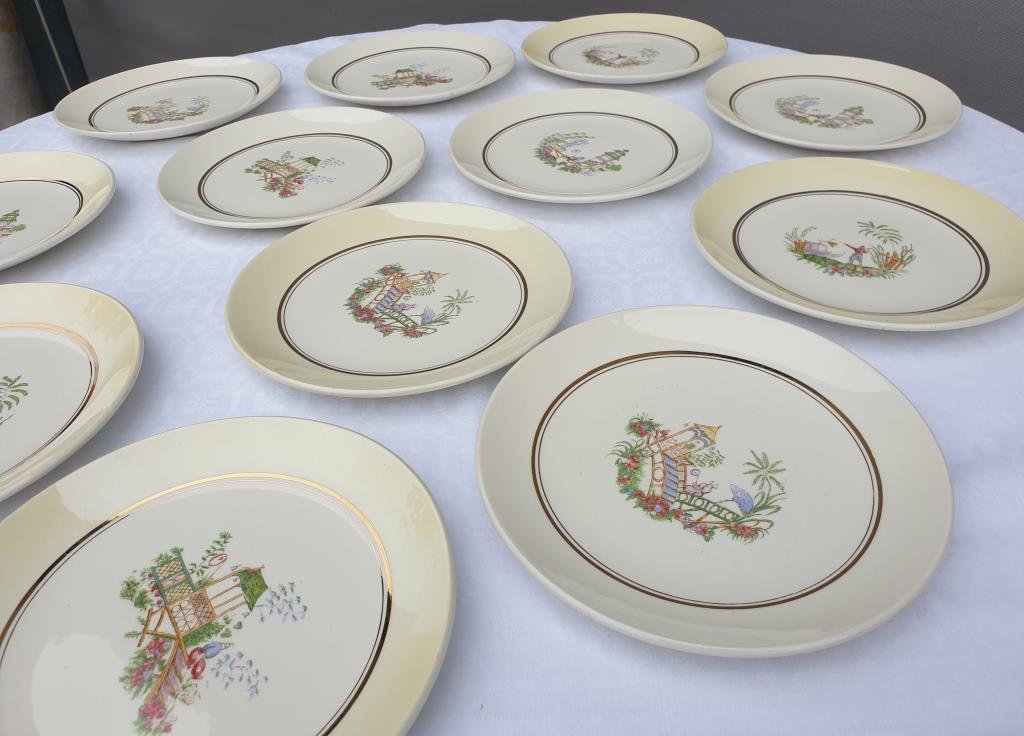 Set 12 plates Gien 1960 Japanese gardens variations in minor yellow