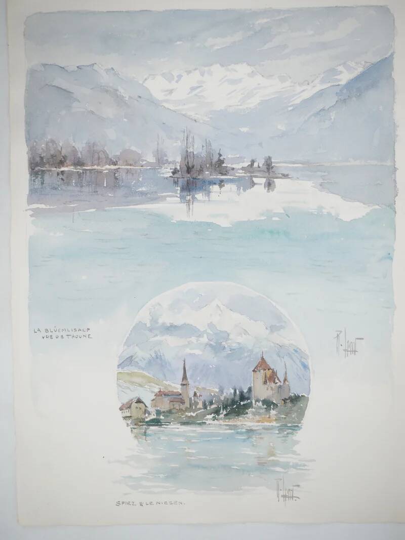 René leverd: switzerland, view of thun from la blümlisalp, original signed watercolor