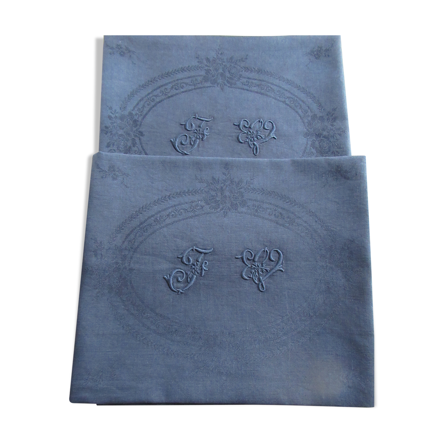 2 large damask napkins dyed in dark blue FV