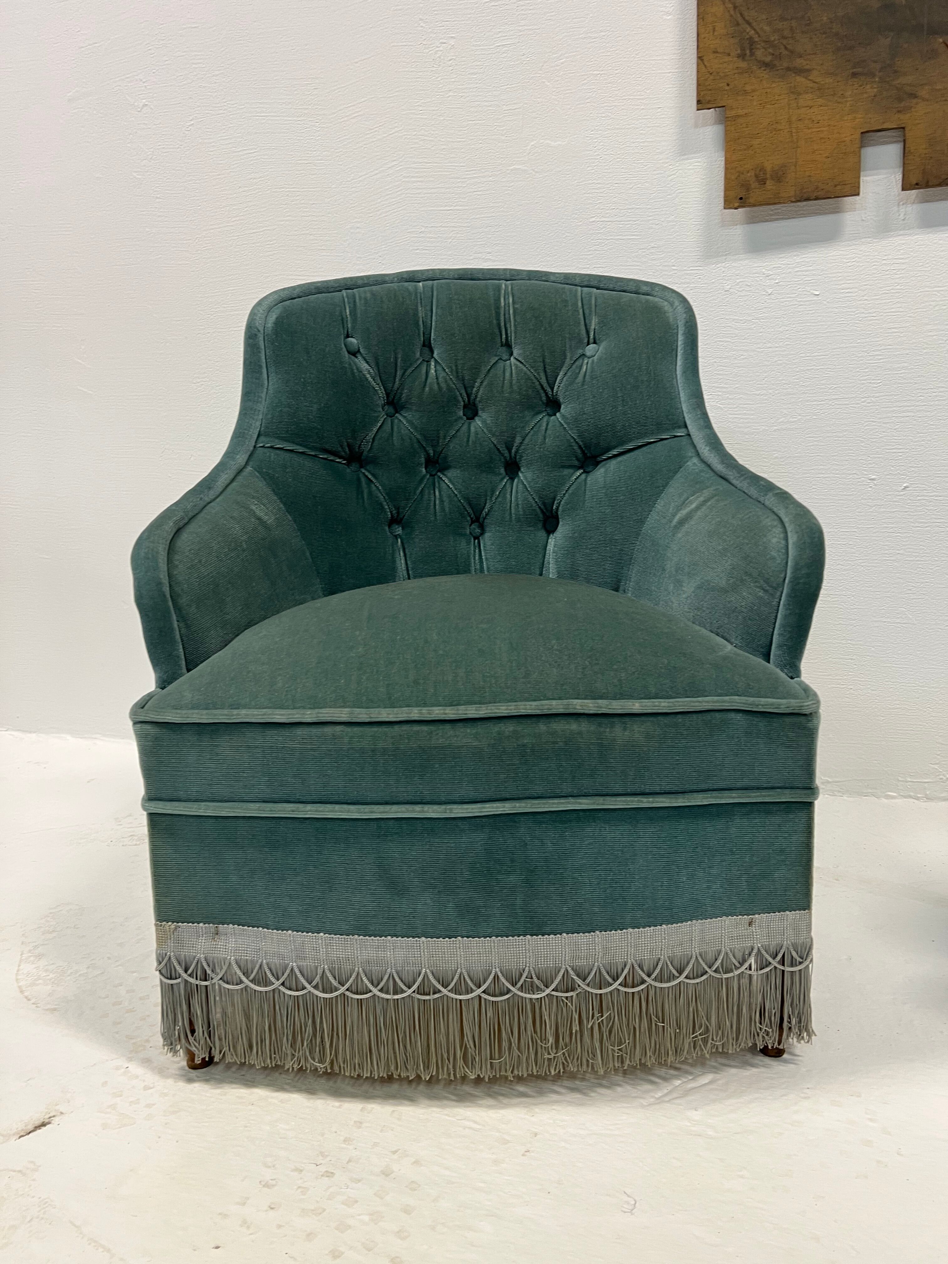 Duo of upholstered blue toad armchairs