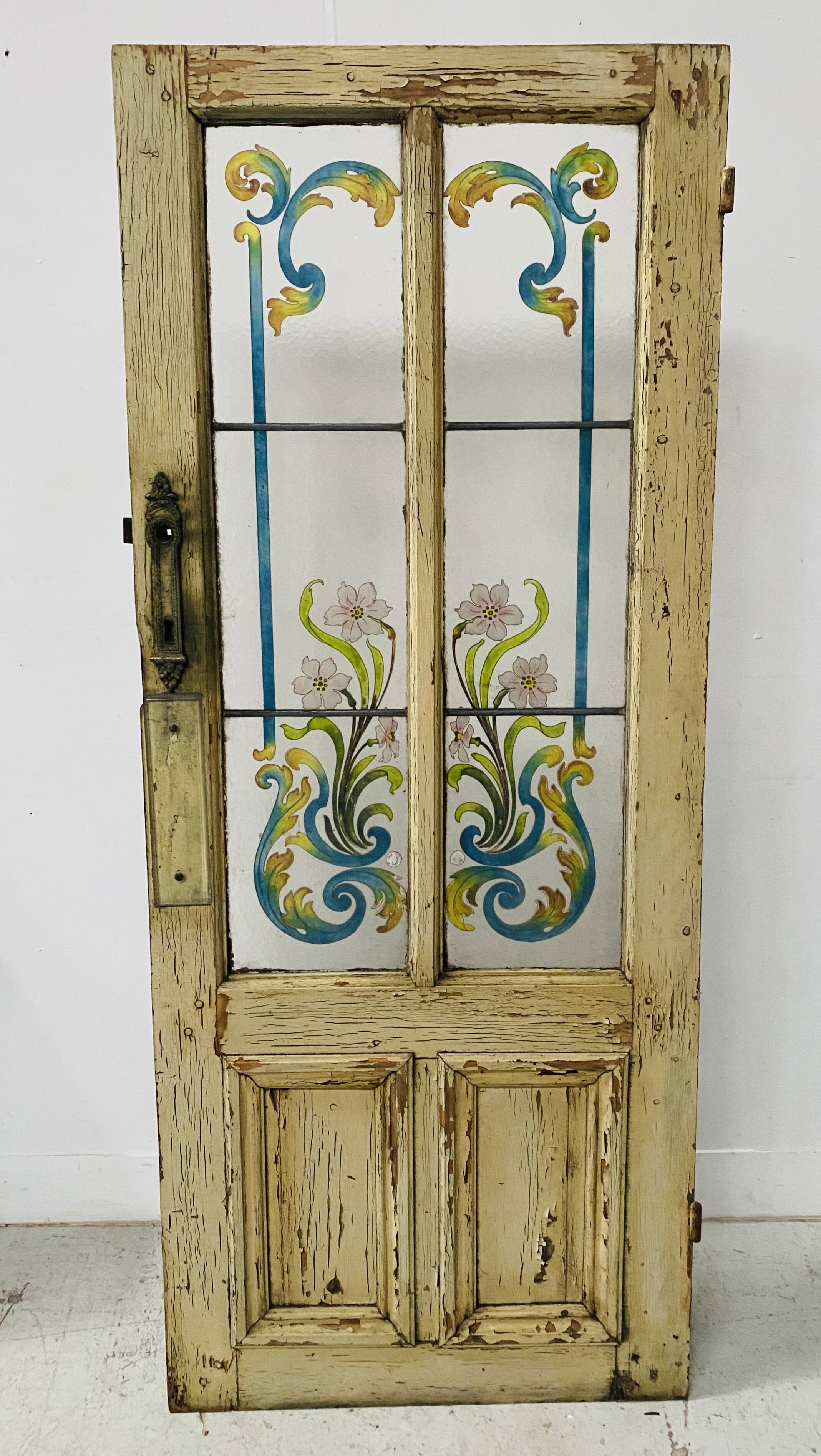 Passage door in patinated fir and Art Deco painted glass