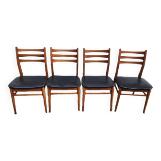 4 Chaises Design Scandinave En Teck Et Assise Skaï Noir 1960
