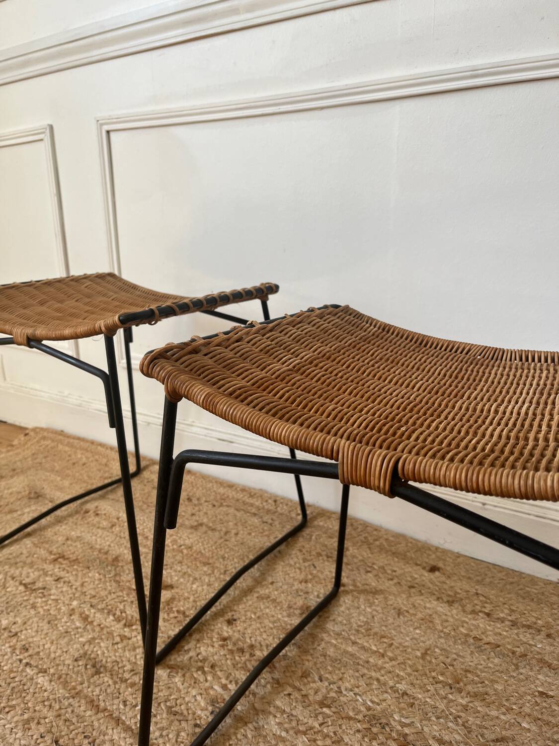 Pair of Raoul Guys stools for Airborne in wicker 1950