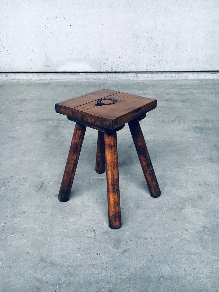 Brutalist Oak Stool, Belgium, 1950s