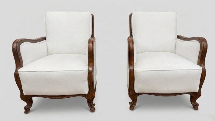 Classic Italian Armchairs with White Upholstery, 1920s, Set of 2