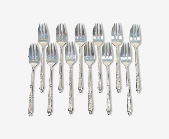 Set de 12 fourchettes a gateaux SFAM en métal argenté manche a la russe