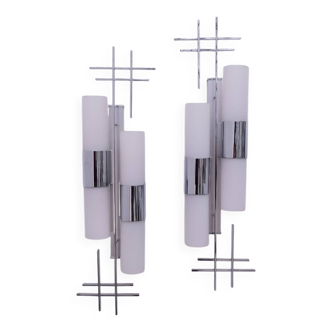 Pair of opaline and chrome wall lights, 1970