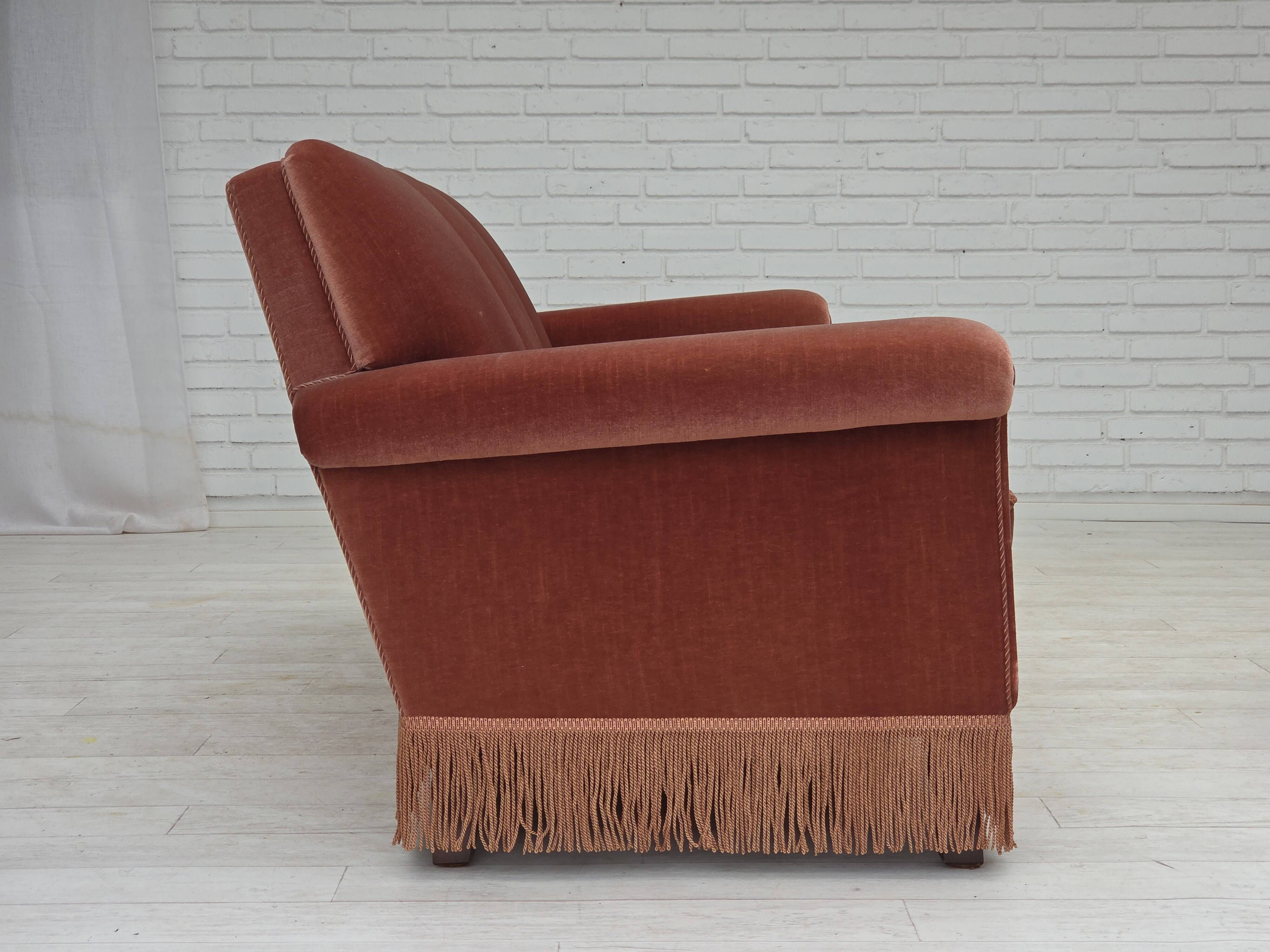 1970s, Danish 3-seater sofa, salmon pink furniture velour, beech wood.