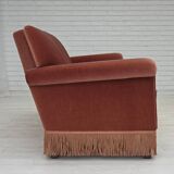 1970s, Danish 3-seater sofa, salmon pink furniture velour, beech wood.