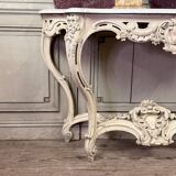 Console de style Louis XV patine beige, marbre de Carrare vers 1880