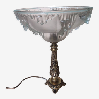 Lampe pied bronze ciselé, vasque verre ezan style art déco