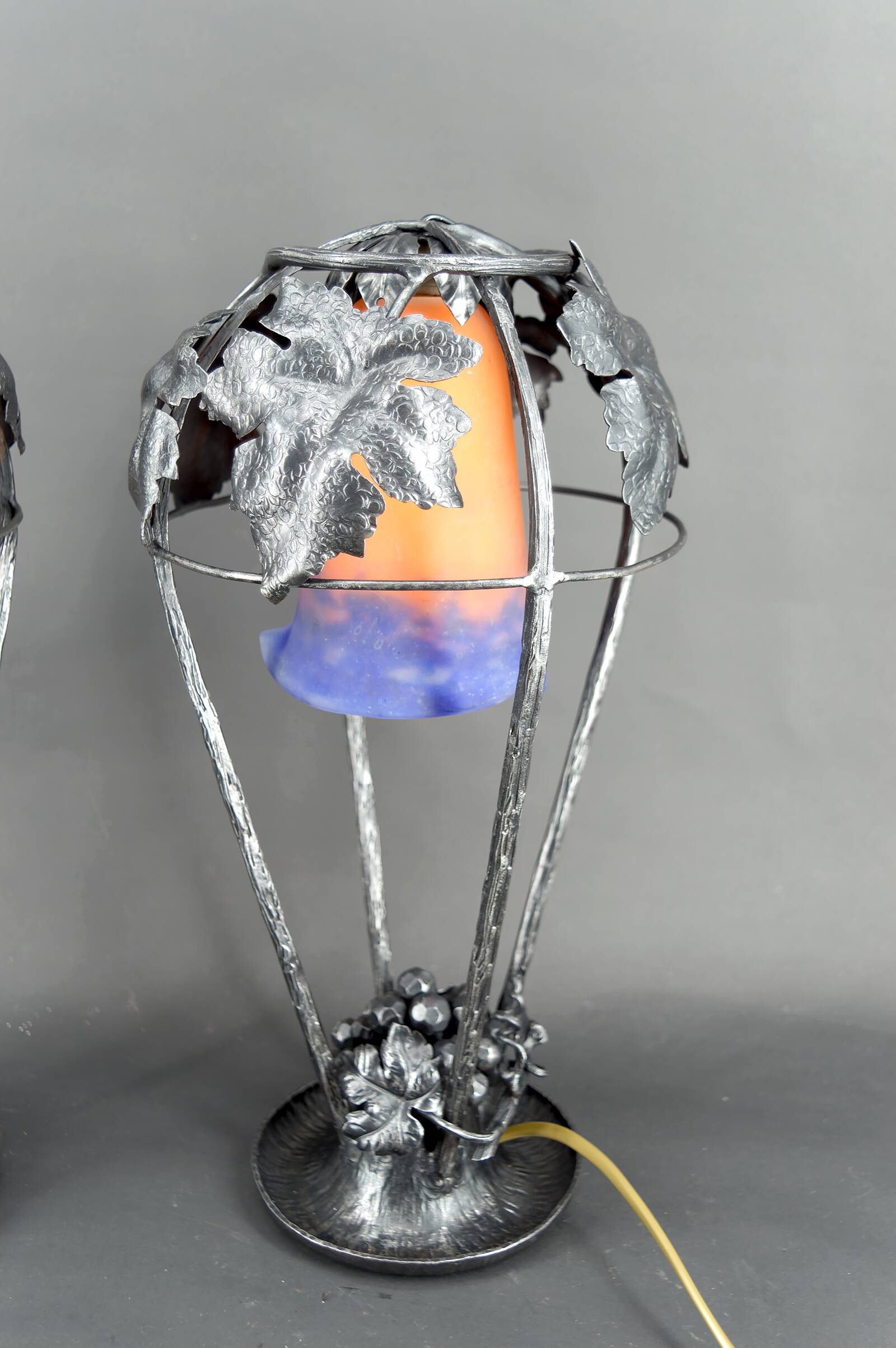 Pair of Wrought Iron Lamps, Vine Theme, Müller Frères, Art Deco, 1925