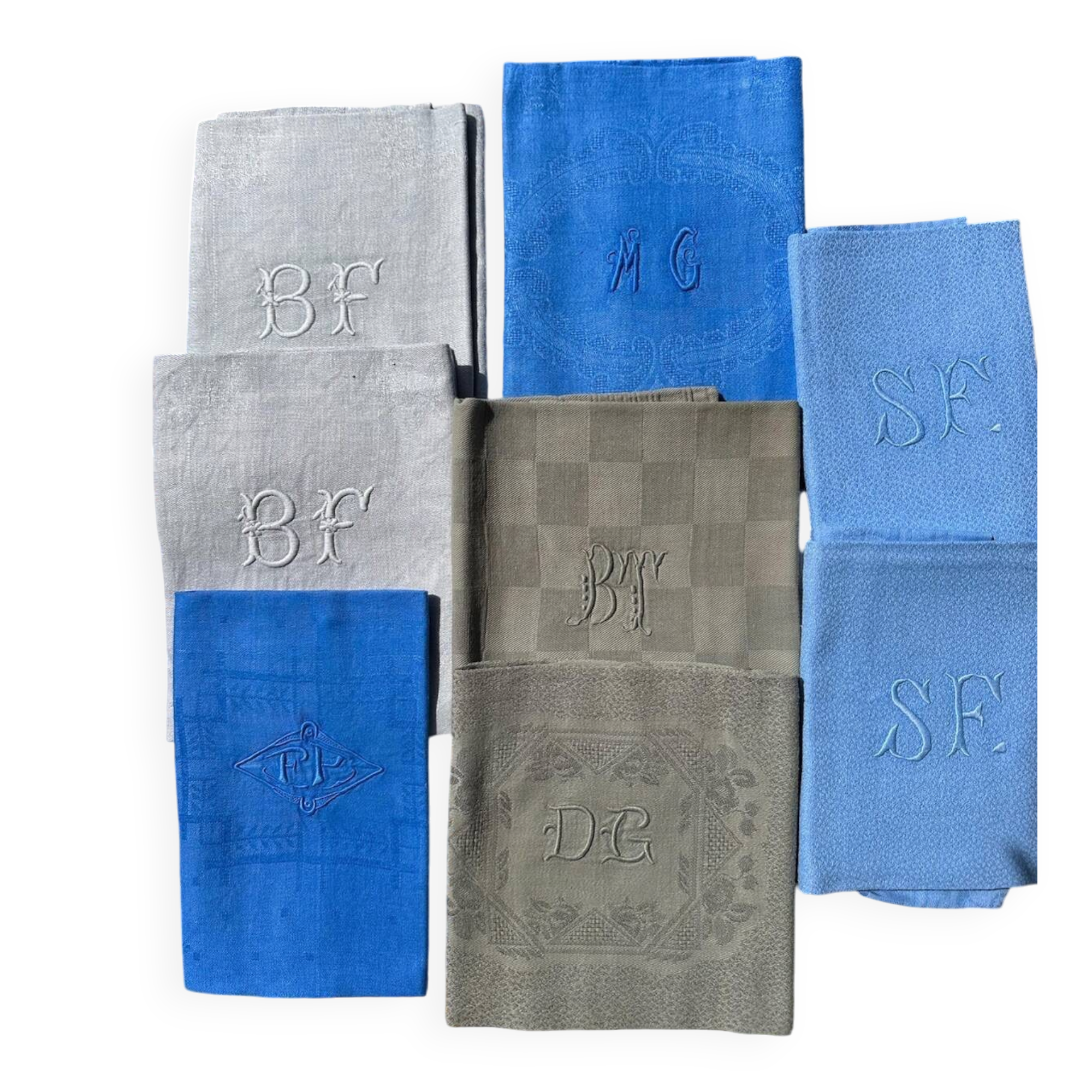 Old Mismatched Dyed Napkins - set of 8 - Embroidered Monograms