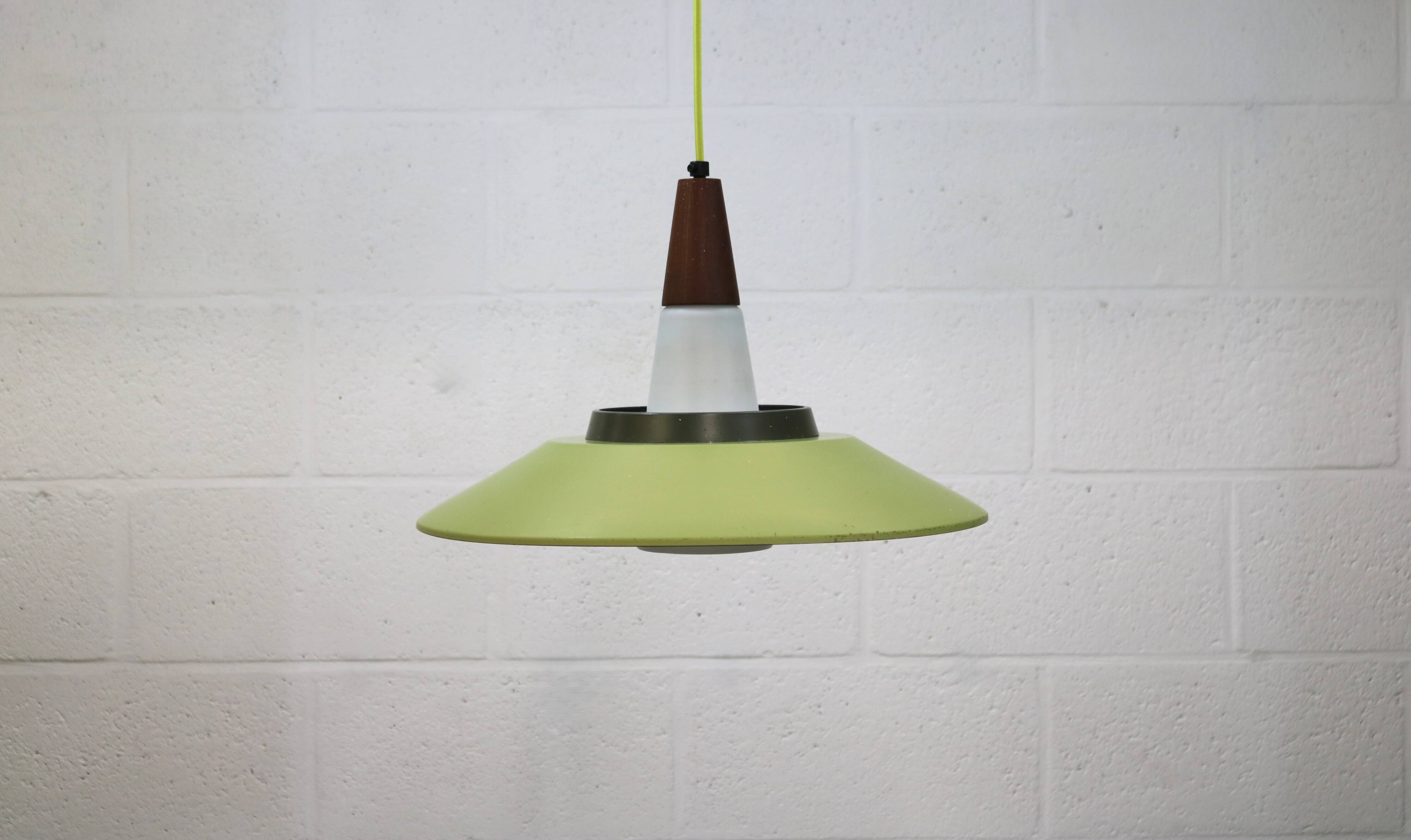 Opal glass and green aluminium shade vintage lamp by Voss Belysning - Denmark