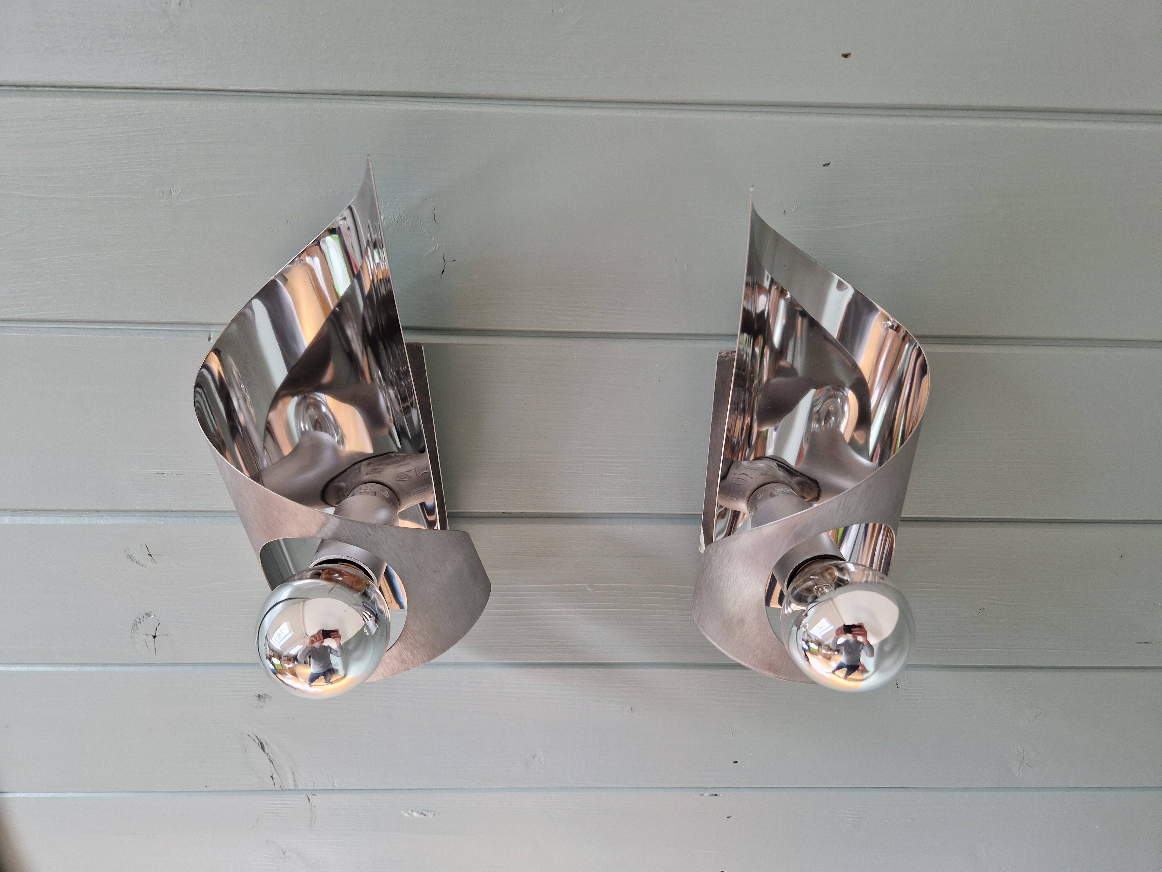Pair of brushed aluminum wall lights, 1970s