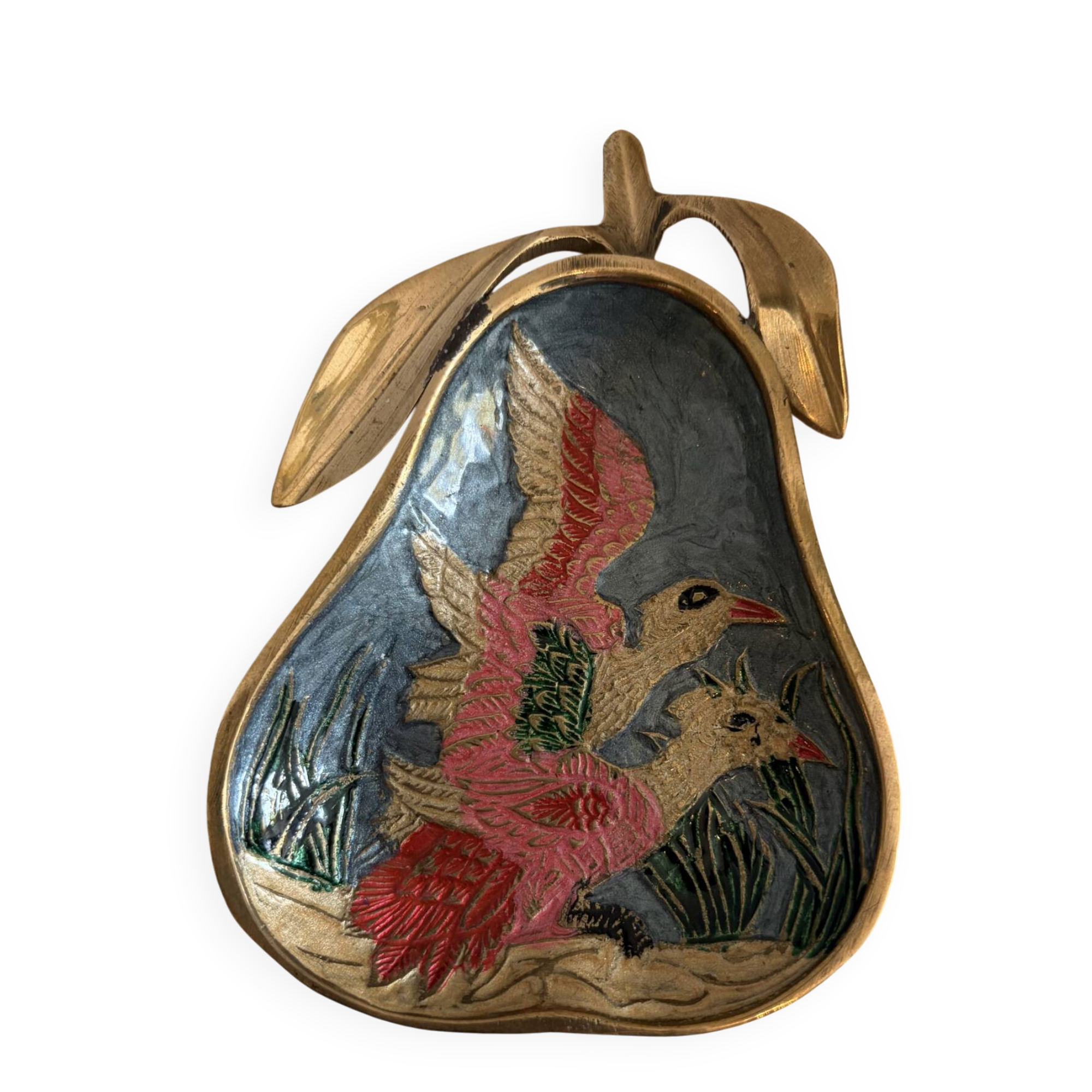 Vintage gold brass and cloisonné enamel pear trinket dish - 60s/70s