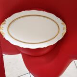 Oval dish. Limoges Montambert art porcelain. White matt gold rim;