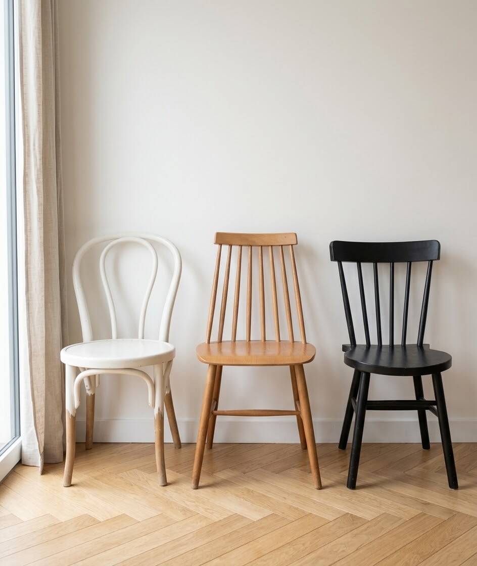 Set of 3 vintage Scandinavian and bistro wooden chairs.