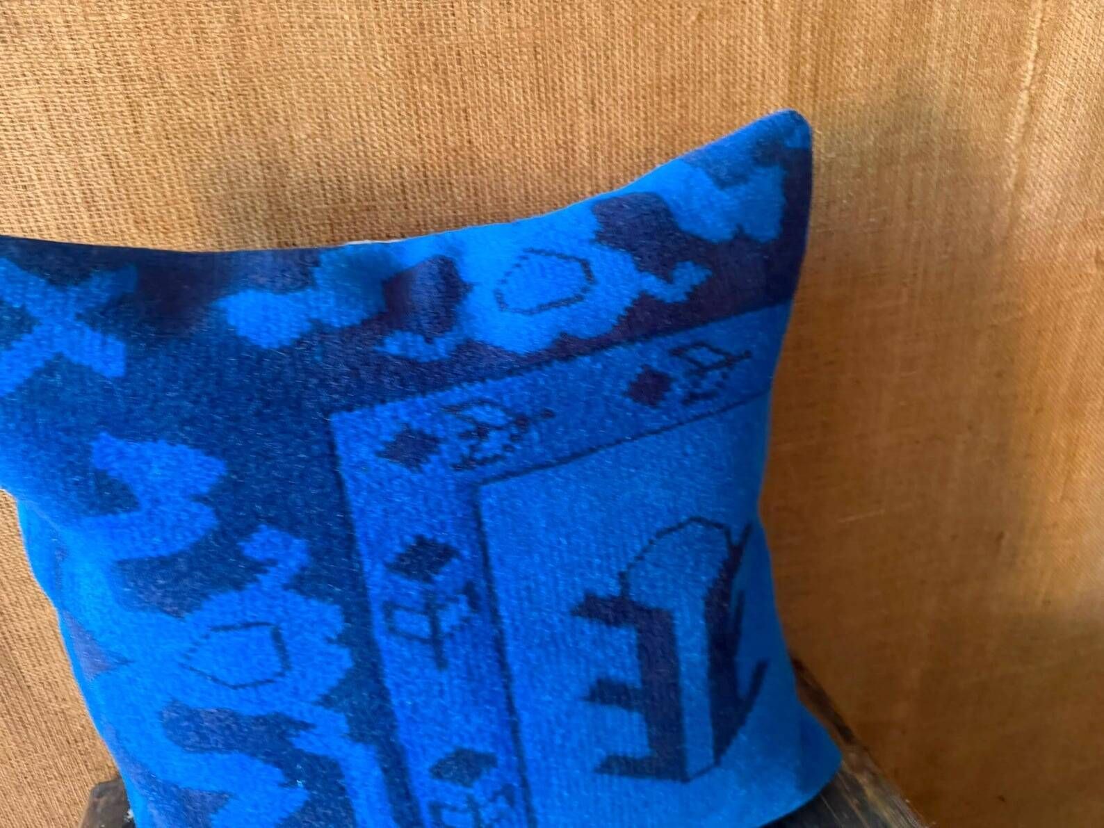 Vessel Motif Rug Cushion, Cobalt Navy Wool, Tribal Kilim Decor 20x20