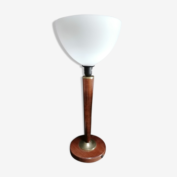 Lampe art déco pied bois Unilux vasque opaline