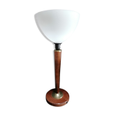 Lampe art déco pied bois Unilux vasque opaline