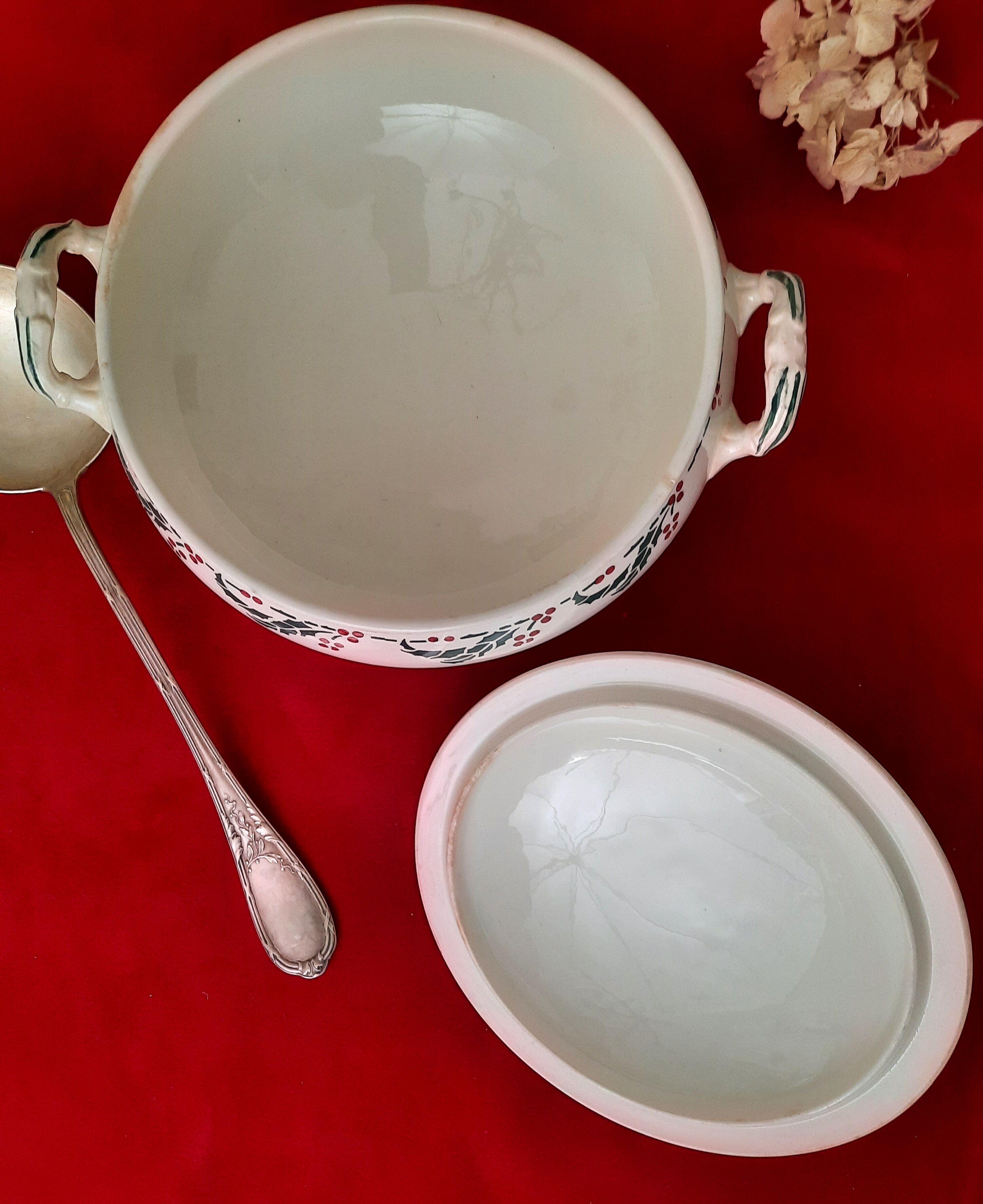 Flat, dessert, hollow plates and tureen in old earthenware