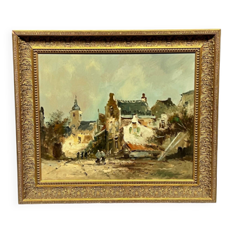 P. van Dinteren "Old Town". Oil on wood panel.