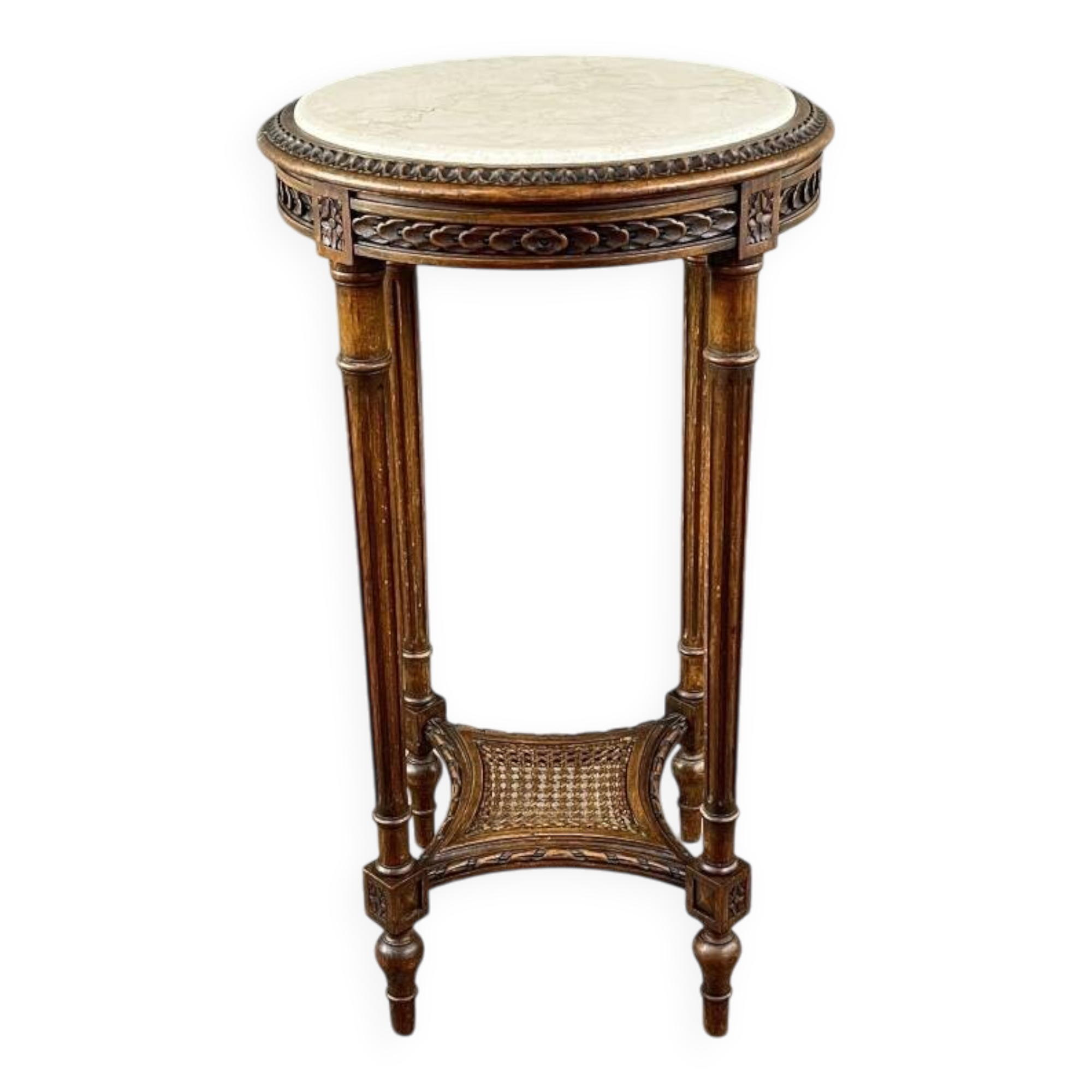 Louis XVI Style Pedestal Table, Carved Wood & Marble, Early 20th Century