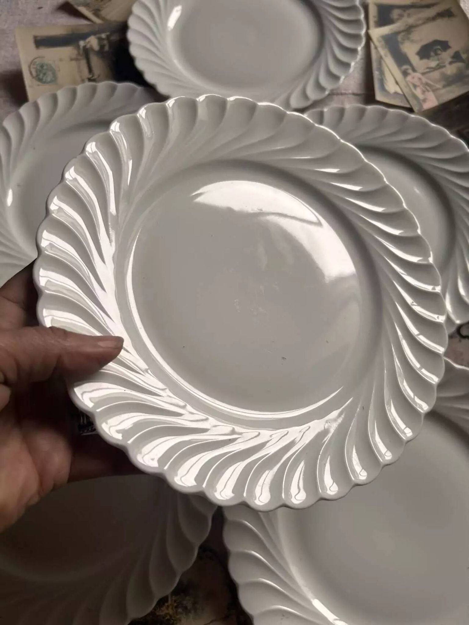 Set of 6 antique twisted white porcelain plates, a beautiful timeless classic.