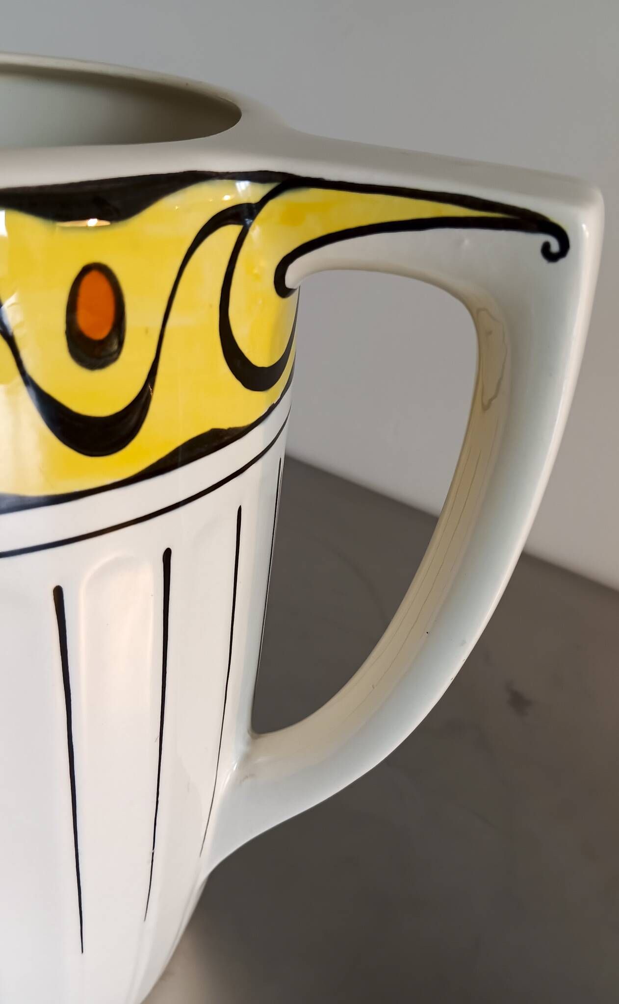 1 very large BFK (Boch Frères Keramis) Ambra 801 L jug. White, black lines and decorated band
