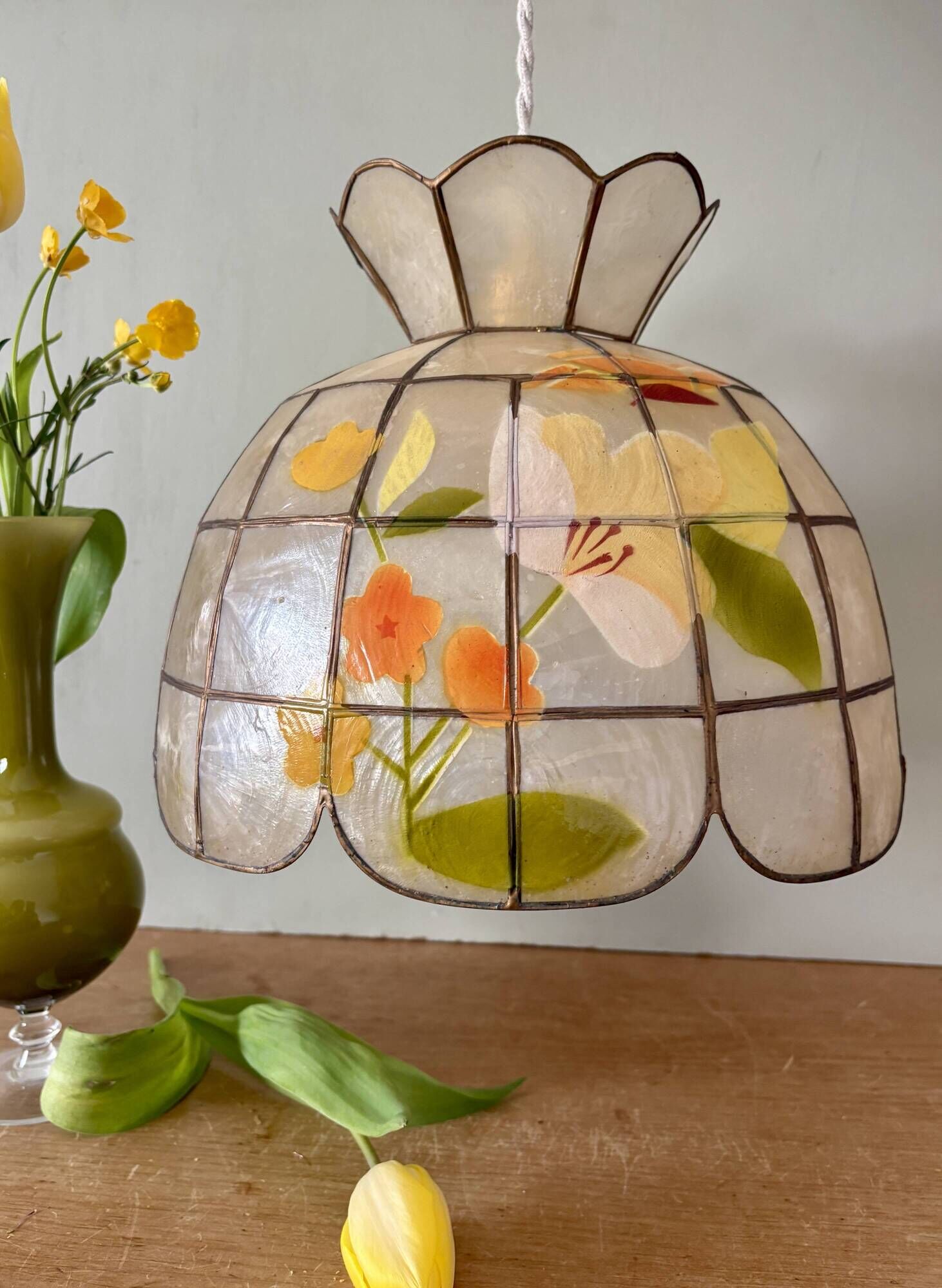 Vintage mother-of-pearl and brass lampshade pendant light with flower decorations