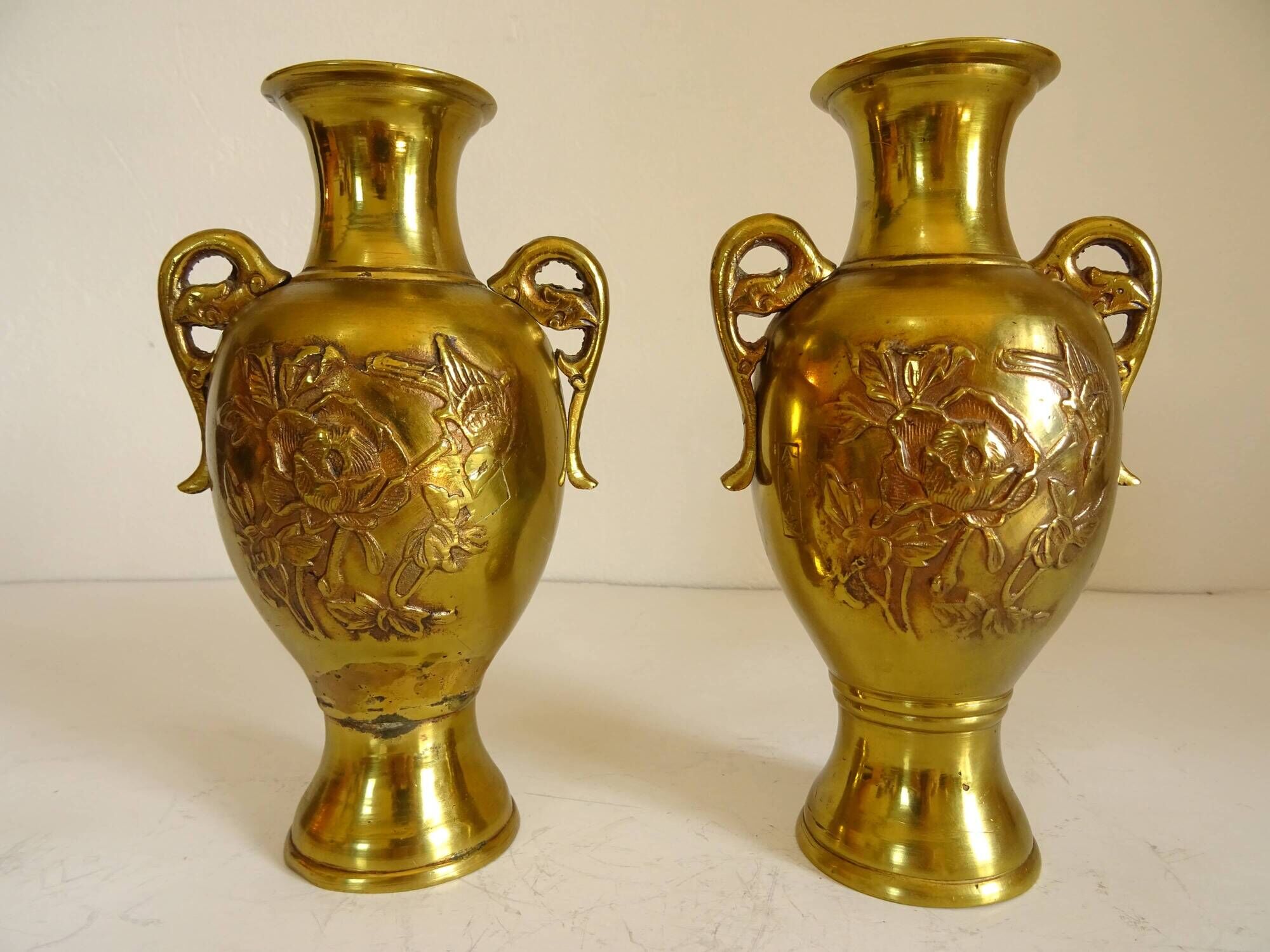 Pair of Gilt Bronze Vases / 19th Japan Meiji / Signed Fine Gold Flowers Birds