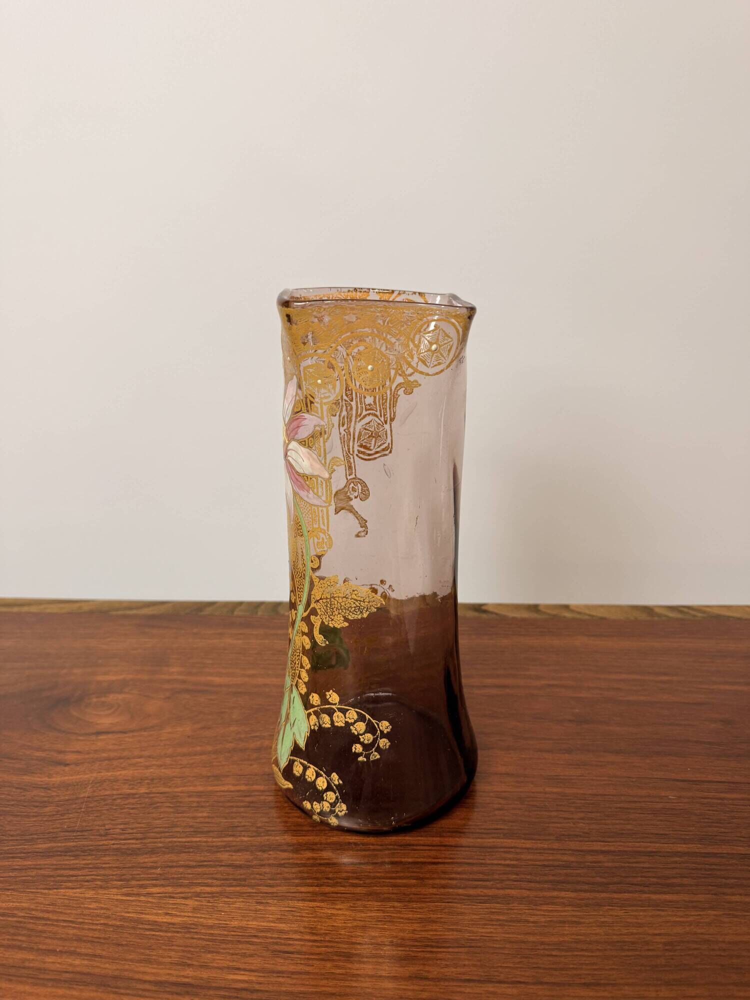 Antique Legras vase – Brown smoked glass with gilded floral enamel – Art Nouveau