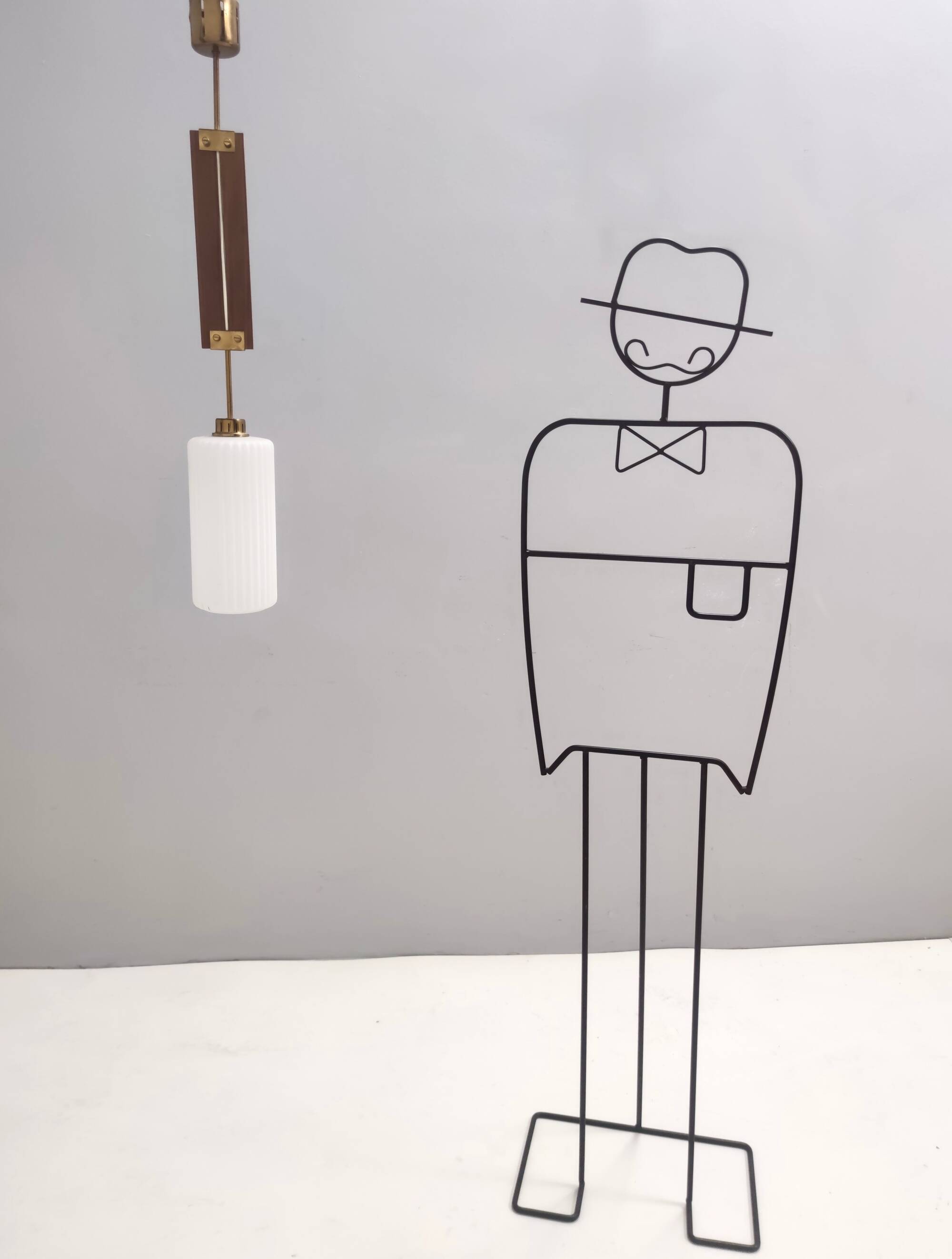 Vintage Glazed Opaline Glass, Teak and Brass Pendant, Italy