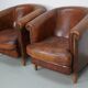 Vintage Dutch cognac coloured leather club chair, set of 2 with footstool