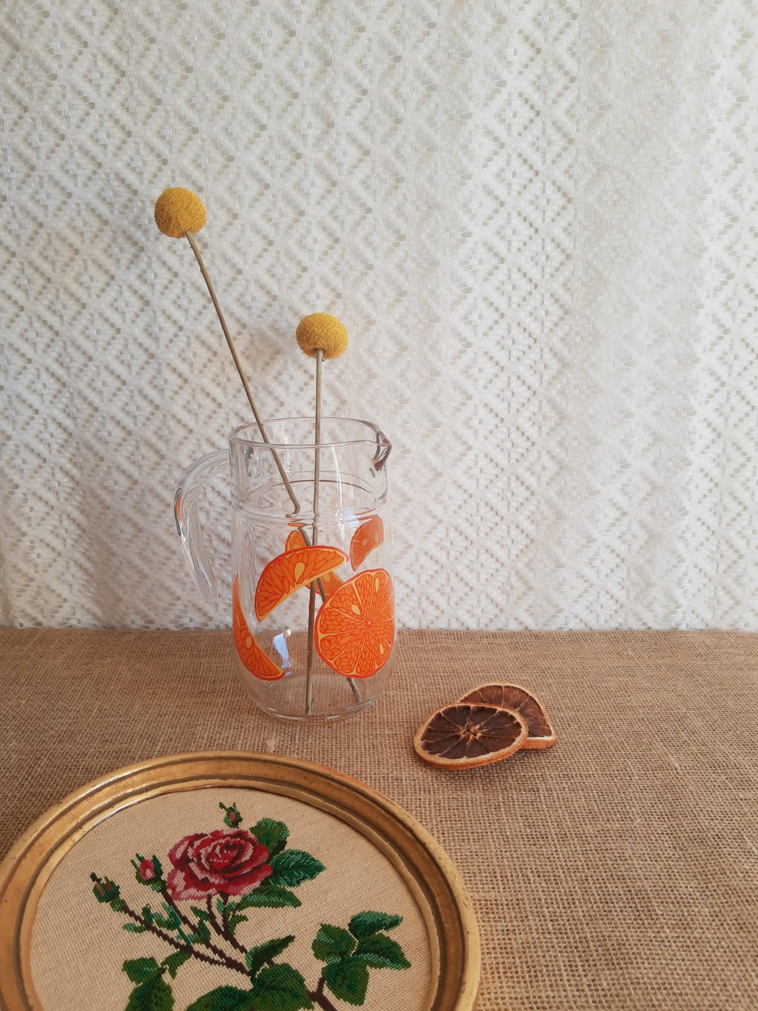 Vintage orange fruit pattern glass carafe