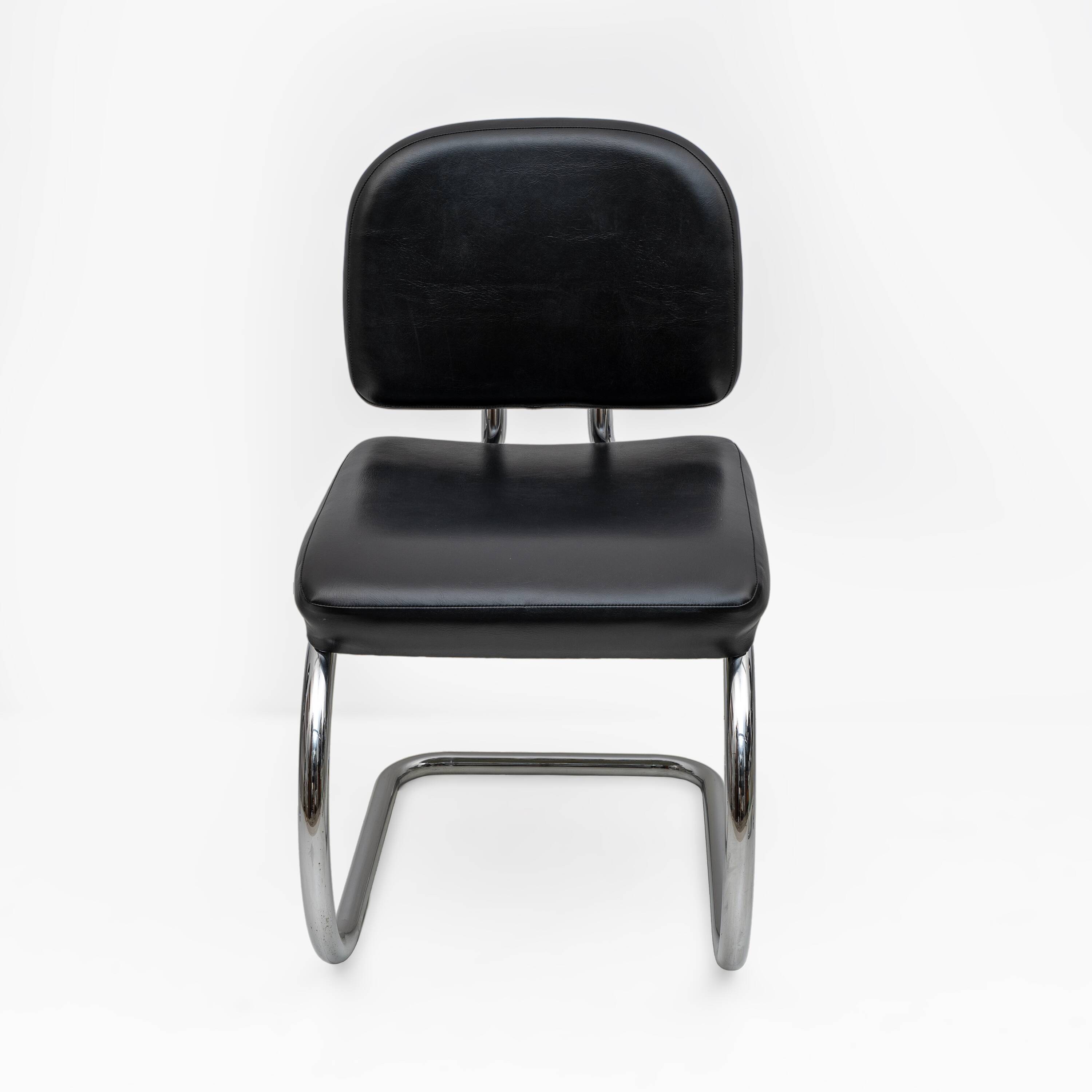 Six of Leatherette and Metal Chromed Cantilever Dining Chairs