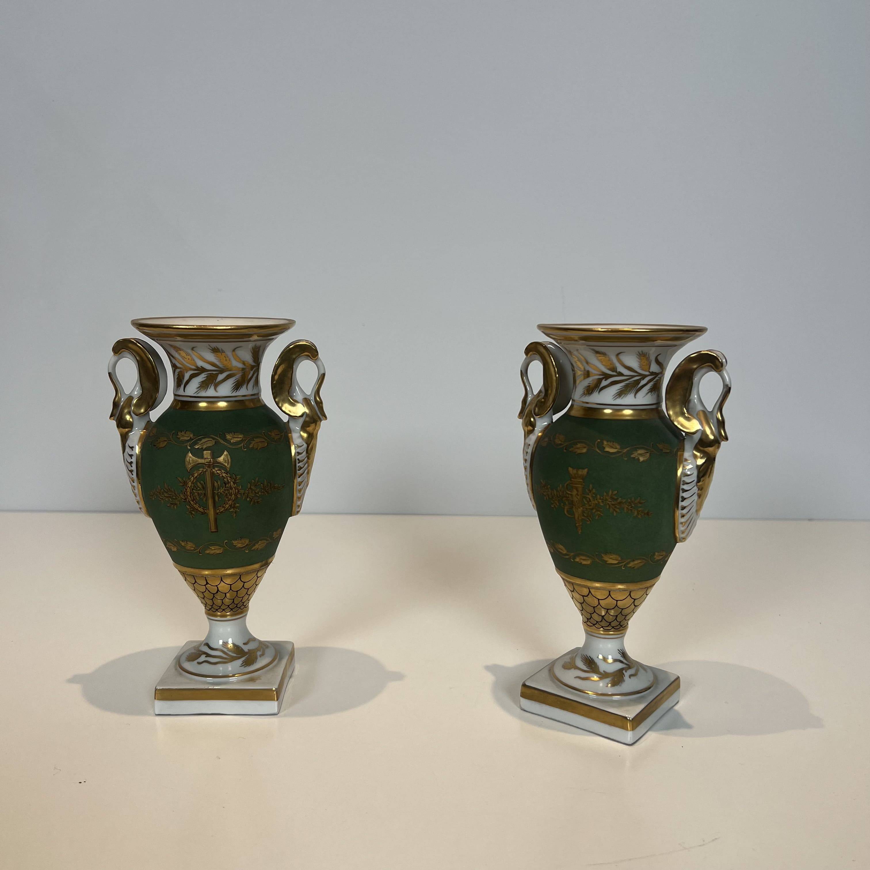 Pair of Empire Style Porcelain Vases, Decorated with Swans and Bundles