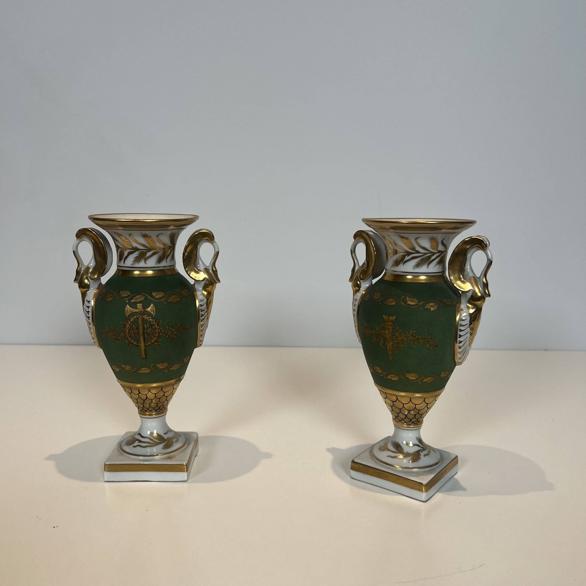 Pair of Empire Style Porcelain Vases, Decorated with Swans and Bundles