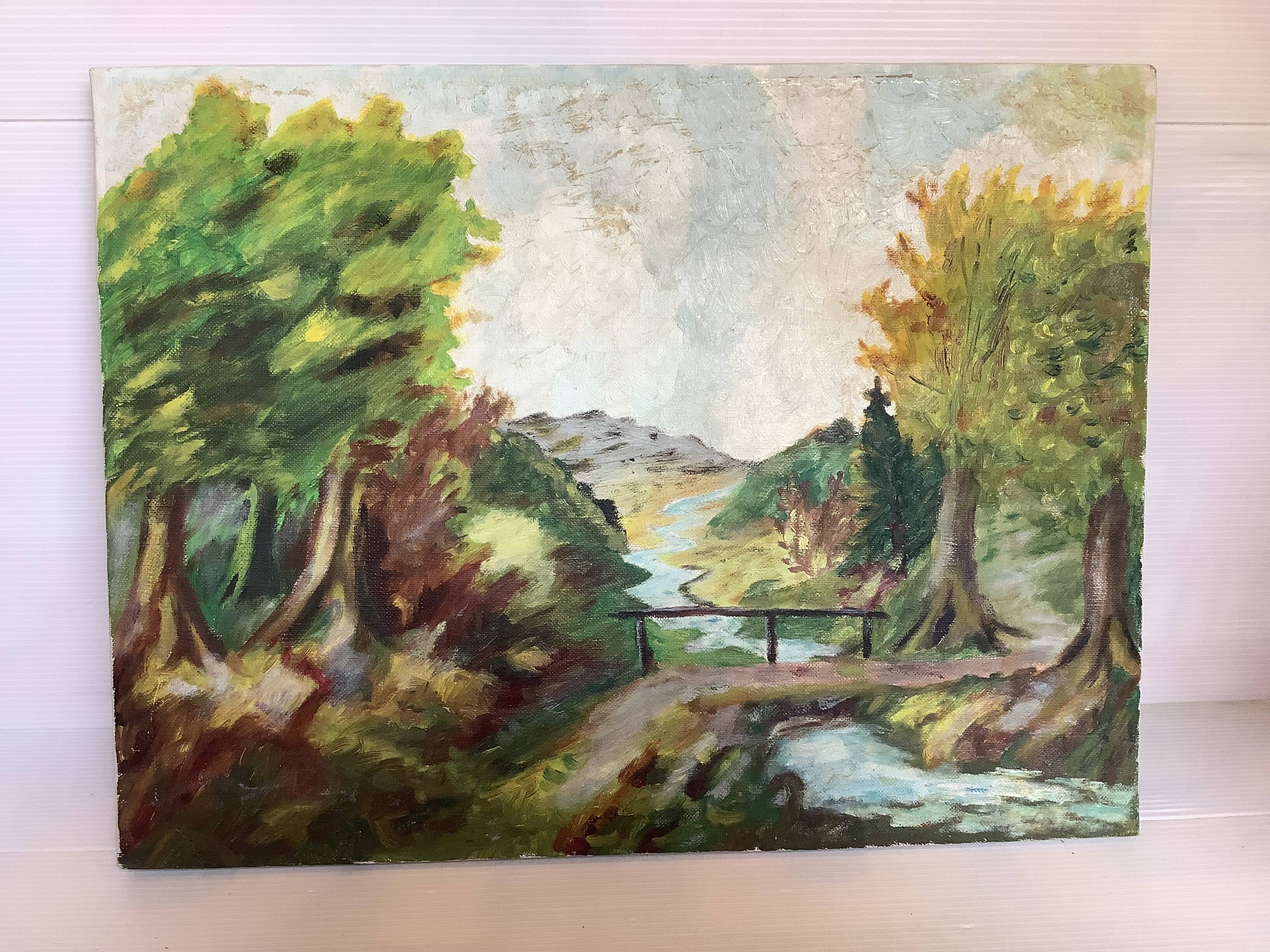 Landscape painting with a small bridge, oil on canvas.