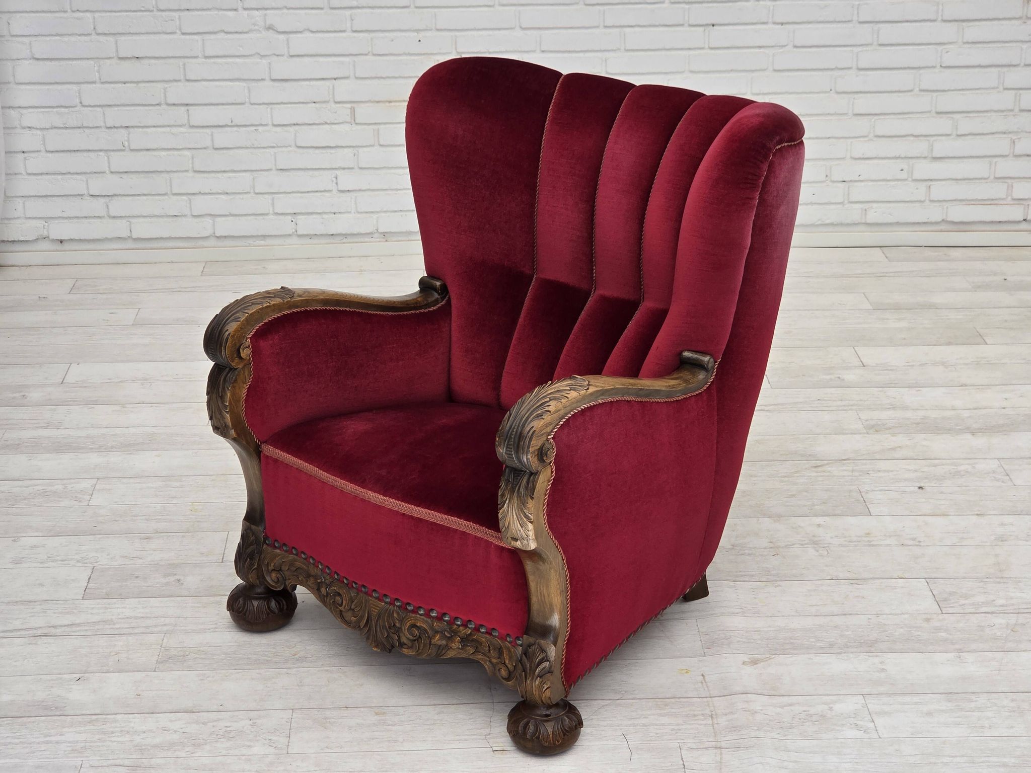1960s, Danish relax chair, cherry-red furniture velour, oak wood.