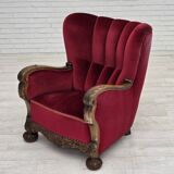1960s, Danish relax chair, cherry-red furniture velour, oak wood.