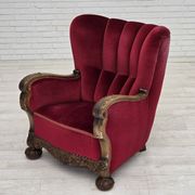 1960s, Danish relax chair, cherry-red furniture velour, oak wood.