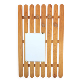 Wall-mounted pine coat rack with mirror, 1970s