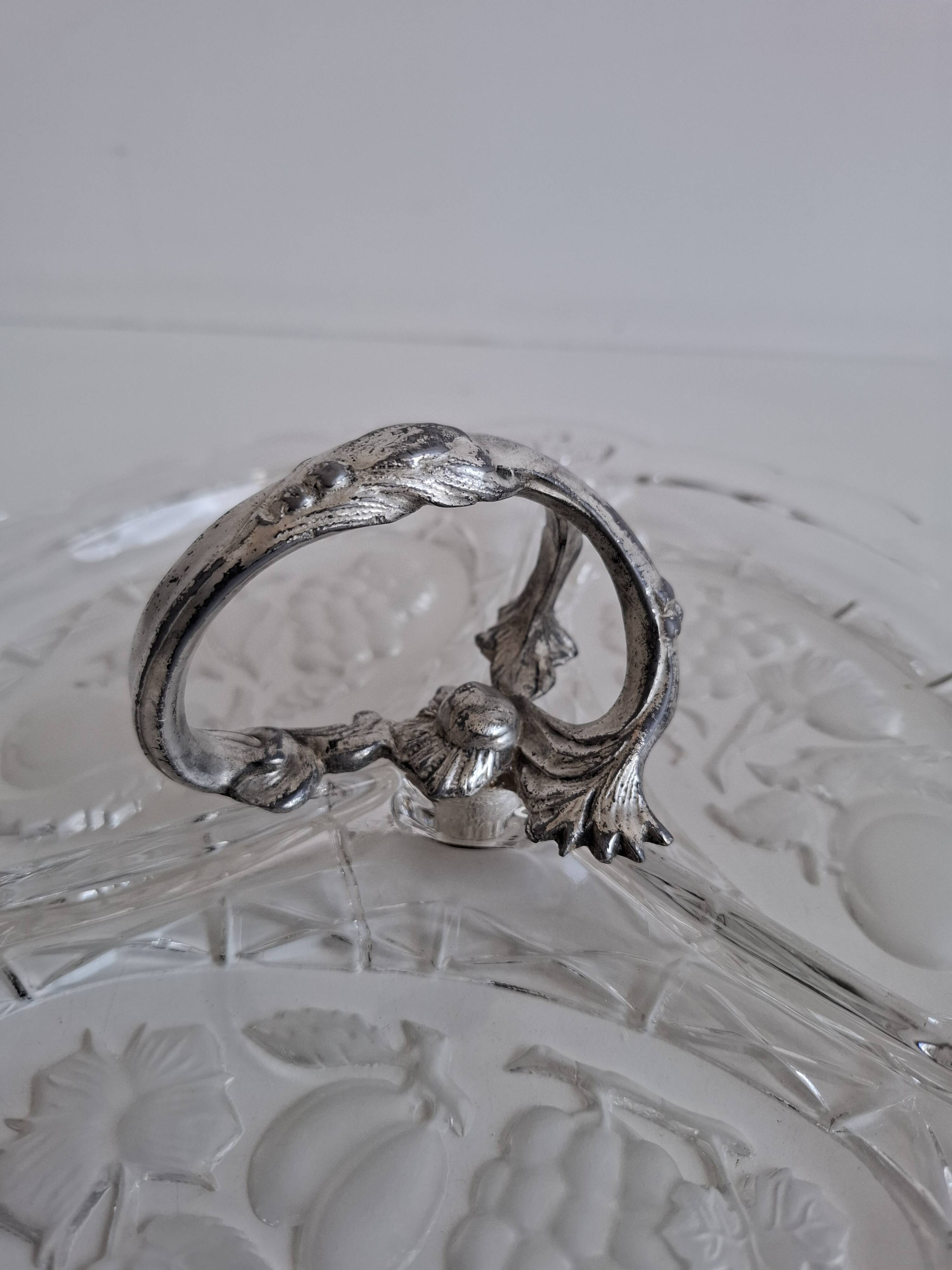 Art Deco Pressed Glass Divided Serving Dish with Alpaca Handle, 1930