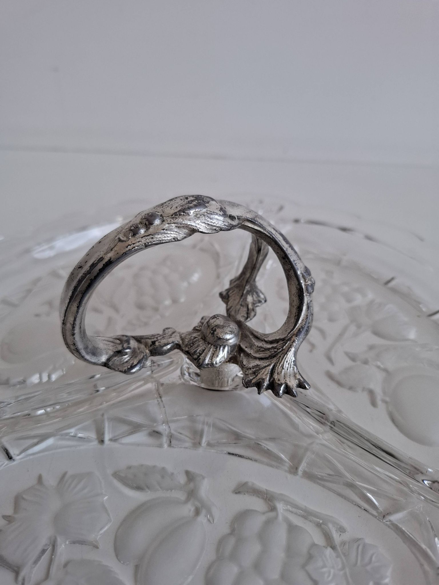 Art Deco Pressed Glass Divided Serving Dish with Alpaca Handle, 1930
