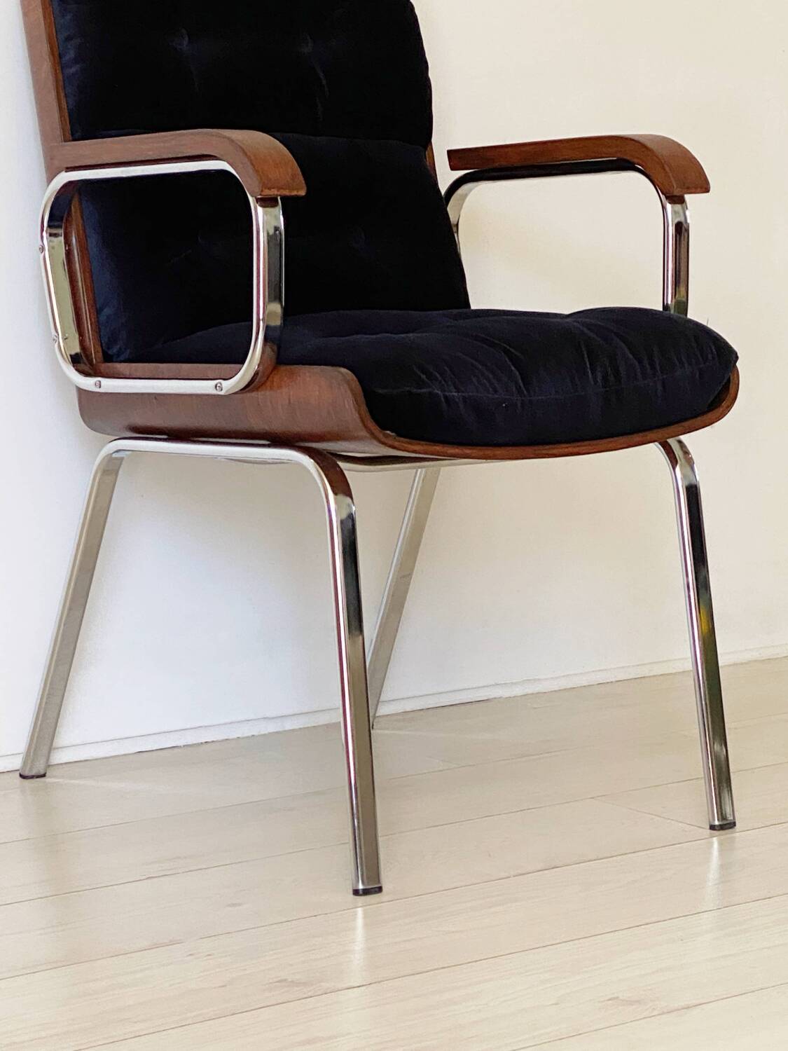 Vintage wood and metal velvet armchair
